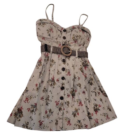 Deb Juniors Floral Dress L Belted Smocked Back Padded Bra Linen/Cotton - Picture 7 of 7